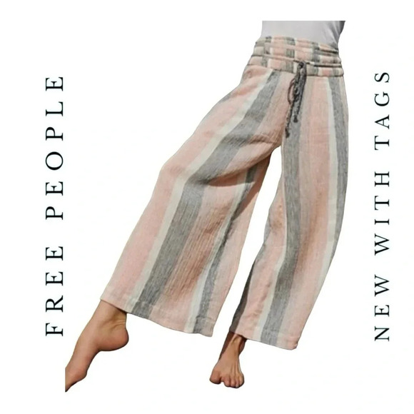 1440. FREE PEOPLE HAMILTON WIDE LEG PALAZZO PANTS SIZE XSMALL STRIPES CORAL/BLUE - Picture 1 of 14